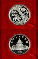 50 Yuan, Silber, 1990, Zwei Pandas, 5 Oz, 999er Silber, 155,67 G, KM 273, Schön 274, In Kapsel, In Originalholzschatulle - Cina