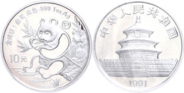 10 Yuan, 1991, Panda Mit Bambuszweig, KM 352, Schön 328.3, Mit Beizeichen P, In Kapsel, In Originalholzschatulle Mit Zer - Chine