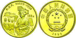 100 Yuan, Gold, 1992, Wu Zetian, KM 451, Mit Zertifikat In Ausgabeschatulle, PP.  PP - Cina