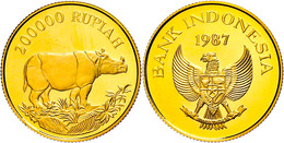 200000 Rupien, Gold, 1987, Java-Nashorn, 9,39g Fein, KM 46, In Kapsel, Mit WWF-Zertifikat, PP. Auflage 5000 Stück.  PP - Indonesië