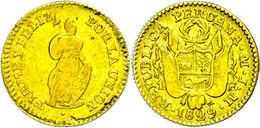 1 Escudo, Gold, 1829, JM, Lima, KM 147.1, Schrötlingsfehler, Ss.  Ss - Perú