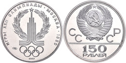150 Rubel, Platin, 1977, Olympia-Emblem, KM 152, In Kapsel, PP.  PP - Russland