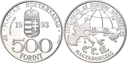 500 Forint, Silber, 1993, Probe, EU, Vgl. KM 704, In Kapsel, PP.  PP - Hongarije