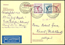 1929, 1.Schweizfahrt, Bordpost Vom 26.9. Mit Abwurf Genf, 15 Pfg. Ganzsachenkarte Mit Flugpost-Zufrankatur Nach Kassel,  - Autres & Non Classés