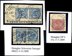 2 Mark Und 2 Werte 20 Pf. Auf Briefstück Mit Stempel SHANGHAI B, Sowie 2 Werte V 48d Mit "Schweizer Stempel" SHANGHAI A  - Chine (bureaux)