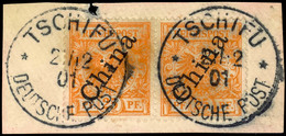 25 Pfennig Adlerausgabe,  2 Exemplare Auf Kabinettbriefstück, Stempel TSCHIFU, Michel 110,-  Gepr. Bothe BPP, Katalog: 5 - Cina (uffici)