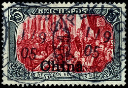 5 Mark Reichspost, Type III, Nachmalung Mit Rot Und Deckweiß, Kabinett, Michel 400,-, Katalog: 27III O - Deutsche Post In China