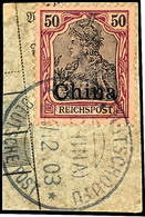 TSCHINGTSCHOUFU (CHINA) 24/12 03, Klar Auf Paketkartenausschnitt 50 Pfg. Reichspost, Katalog: 22 BF - China (kantoren)