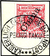 K.D.BAHNPOST PEKING TAKU ***, Gefälligkeitsstpl. Ideal Klar Auf Briefstück 10 Pfg. Krone/Adler, Gepr. Bothe BPP, Katalog - Deutsche Post In China