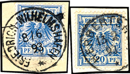 20 Pfg. Krone /Adler Blau, 2 Briefstücke, Klar Gest. FRIEDRICH-WILHELMSHAFEN 8/6 93, Bzw. HERBERTSHÖH 13/2 93, Dr. Steue - Nuova Guinea Tedesca