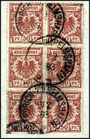 50 Pfg. Krone /Adler Braunrot, Senkr. 6er-Block Auf Briefstück, Klar Paarweise Gest. FRIEDRICH-WILHELMSHAFEN 9/2 93, Mi. - German New Guinea