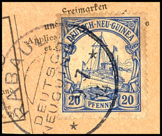 RABAUL 7.7.14, Klar Auf Postanweisungsausschnitt 20 Pfg Schiffszeichnung, Rückseitig Teilstpl KAEWIENG, Katalog: 10 BS - German New Guinea