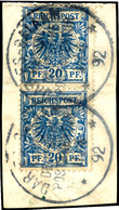 20 Pfg. Krone/Adler, Kobaltblau Auf Briefstück (durch Faltung Getrennt), Je "DAR-ES-SALAAM 11/4 92", Mi. 440,-, Katalog: - German East Africa