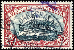 3 Rupien Kaiseryacht, Dunkelrot/grünschwarz, Rahmenzeichnung In Type III Und Mittelstück Der Type I, Gestempelt "DARESSA - Afrique Orientale