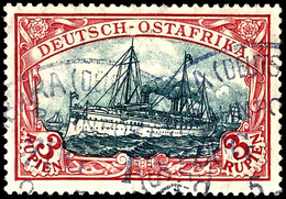 3 Rp. Schiffszeichnung Mit Wz. Karminrot, Gest. "USAMBURA-BAHNPOST ZUG 1"; Mi. 500,-, Katalog: 39IAa O - Afrique Orientale