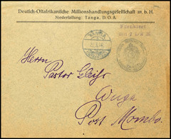 Vorausfrankatur Dienstsiegel "KAISERL. DEUTSCHES POSTAMT TANGA", L2 "Frankiert / Mit 7 1/2 H." Violett, Von KBS "TANGA 2 - Afrique Orientale