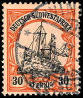 30 Pf. Schiffszeichnung, Plattenfehler "Striche Vor Linker 3", Gest. (waager. Bug), Mi. 180,-, Katalog: 16I O - Deutsch-Südwestafrika