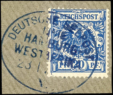 20 Pfg Krone/Adler In D-Farbe Auf Briefstück Mit Entwertung Durch Blauen Seepost-Stempel "Deutsche Seepost Linie Hamburg - Sud-Ouest Africain Allemand