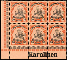 30 Pfg. Kaiseryacht, Waagerechter 6 Er - Block Aus Der Linken Unteren Bogenecke, Im Unterrand Inschrift "Karolinen", Pos - Caroline Islands