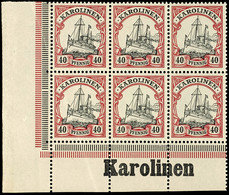 40 Pfg. Kaiseryacht, Waagerechter 6 Er - Block Aus Der Linken Unteren Bogenecke, Im Unterrand Inschrift "Karolinen", Pos - Caroline Islands