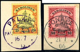 PALAU 16.7.13 (violett) Bzw. PONAPE 21.7 06, Klar Auf Briefstück 25 Bzw. 80 Pfg. Schiffszeichnung, Katalog: 11,15 BS - Carolines