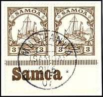 MULIFANUA 21/6 07 Klar Auf Briefstück Unterrandpaar 3 Pfg. Schiffszeichnung Mit Kpl. Landesnamen, Katalog: 7(2) BS - Samoa