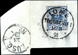 20 Pfennig Krone/Adler Mittelultramarin, Gestempelt Mit Ekr. "LOME TOGOGEBIET 14.1191" Auf Briefstück, Steuer X 3, Mi. 1 - Togo