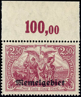 2,50 Mark Dunkelgraulila, Postfrisch Vom Oberrand, Kurzbefund Huylmanns BPP "echt, Einwandfrei", Mi.-,-, Katalog: 13c PO - Memel (Klaïpeda) 1923