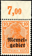 10 Pfennig Orange, Postfrisch Vom Oberrand, Kurzbefund Huylmanns BPP "echt, Einwandfrei", Mi.400,-, Katalog: 14POR ** - Memel (Klaïpeda) 1923