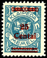 25 C. Auf 1000 M. Grünblau, Tadellos Postfrisch, Gepr. Klein BPP, Mi. 500.-, Katalog: 221I ** - Memelland 1923