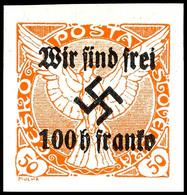 100 Heller Auf 50 Heller Zeitungsmarke Mit Aufdruck "Wir Sind Frei! + Hakenkreuz", Tadellos Ungebraucht, Geringe Auflage - Other & Unclassified
