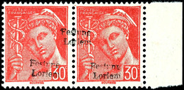 30 C. Freimarke Rot Mit Aufdruck "Festung Lorient", Waagerechtes Paar Mit Zusätzlichem Doppeltem Aufdruck Mittig über Be - Autres & Non Classés