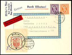 140 Pfg. Type I Mit AM-Post 8 Und 12 Pfg. (Nr. 14/15) Auf Eilboten-Päckchenadresse Von BAD NAUHEIM 2.4.46 Nach Frankfurt - Bad Nauheim