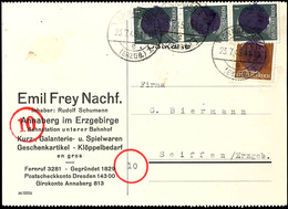 1 Pf Hitler, Senkr. Dreierstreifen Zus. Mit Einzelstück 3 Pf Hitler Auf Firmen-Fernpostkarte Von "ANNABERG (ERZGB.) 1 G  - Altri & Non Classificati