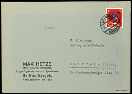 8 Pf Hitler, Geschwärzt, Mit Stempel "SEIFFEN (ERZGEB.) 21.6.45" Als EF Auf Firmen-Ortsbrief, Ein Zahn Gebräunt, Sign. B - Andere & Zonder Classificatie