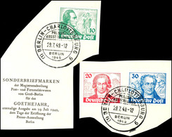 10-30 Pf Goethe Tadellos Komplett Auf Briefstücken Mit SST "BERLIN-CHARLOTTENBURG PRESSE-AUSSTELLUNG 29.7.49", Dabei 10  - Other & Unclassified