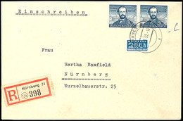 30 Pfg 75 Jahre Otto-Motor, 2 Werte Auf Portogerechtem Doppelt Schweren Orts-R-Brief Von "NÜRNBERG 11.8.52" Mit Ankunfts - Sonstige & Ohne Zuordnung