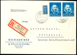 30 Pfg 75 Jahre Telefon, Waagerechtes Paar Auf Portogerechtem R-Brief Von "MÖLLN 6.1.53" Nach Pforzheim Mit Ankunftsstem - Sonstige & Ohne Zuordnung