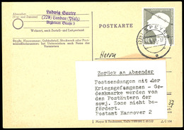 10 Pfg Kriegsgefangenenmarke Auf Portogerechter Postkarte Von "SPEYER 14.8.53" In Die DDR, Vom Postamt Hannover Angehalt - Sonstige & Ohne Zuordnung