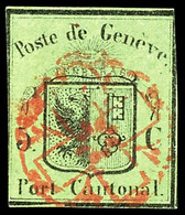 1845, 5 C. Schwarz Auf Lebhaftgelboliv, Zentrisch Gestempelt Mit Roter Rosette, Links Und Oben Rechts In Der Randlinie G - 1843-1852 Poste Federali E Cantonali