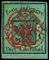 1848, 5 C. Schwarz Auf Grünlicholiv, "Großes Genfer Wappen", Entwerter Mit Roter Genfer Rosette, Optisch Ansprechendes E - 1843-1852 Federal & Cantonal Stamps