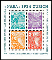 1934, Blockausgabe Nationale Briefmarkenausstellung Zürich, Nachgummiert, Mi. Für ** 800.-, Katalog: Bl.1 NG - Sonstige & Ohne Zuordnung