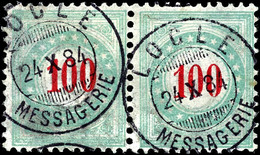 1883, 100 C. Dunkelrosarot/lebhaftopalgrün, Rahmentype II, Rahmen Kopfstehend, Waagerecht Paar, Gestempelt "LOCLE/MESSAG - Strafportzegels