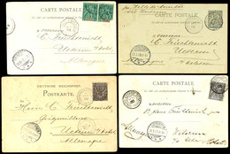 1899, 4 Farbige Ansichts-Karten Ab Conakry Nach Schleswig-Holstein, Frankiert Mit 5 C. Bzw. 10 C. Allegorie-Ausgabe Bzw. - Guinea (1958-...)