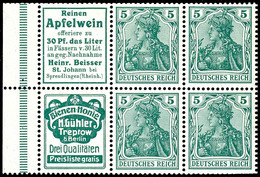 Germania 1911, Heftchenblatt Mit Reklame "Apfelwein" Und "Bienen Honig Gühler", Postfrisch, Zähnung Unten Rechts Etwas V - Other & Unclassified