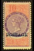 NEW SOUTH WALES  1885 10s Mauve And Claret Perf 12 X 11 With Blue "POSTAGE" Opt, SG 241c, Fine Mint. For More Images, Pl - Other & Unclassified