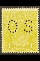OFFICIAL  1926-30 4d Yellow- Olive Perf 14, Punctured "OS", SG O94, Never Hinged Mint. A Beauty, Scarce In This Conditio - Sonstige & Ohne Zuordnung