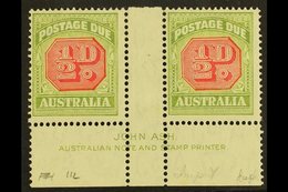 POSTAGE DUE  1938 ½d Carmine And Green, SG D112, JOHN ASH Gutter Imprint Pair, Fine Mint. (2 Stamps) For More Images, Pl - Other & Unclassified