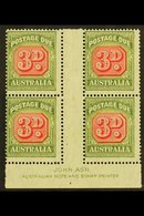 POSTAGE DUE  1946-53 3d Carmine And Green, SG D122, JOHN ASH Gutter Imprint Block Of Four, Very Fine Mint. (4 Stamps) Fo - Other & Unclassified