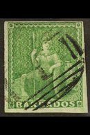 1852  (½d) Yellow Green On Blue Paper, Britannia, SG 1, Superb Used With Clear To Huge Margins, Bright Colour And Light  - Barbades (...-1966)